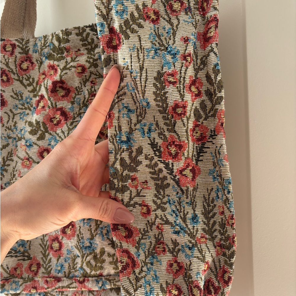 Floral Canvas Tote Bag in Beige with Pink and Blue Accents - Picture 3 of 6